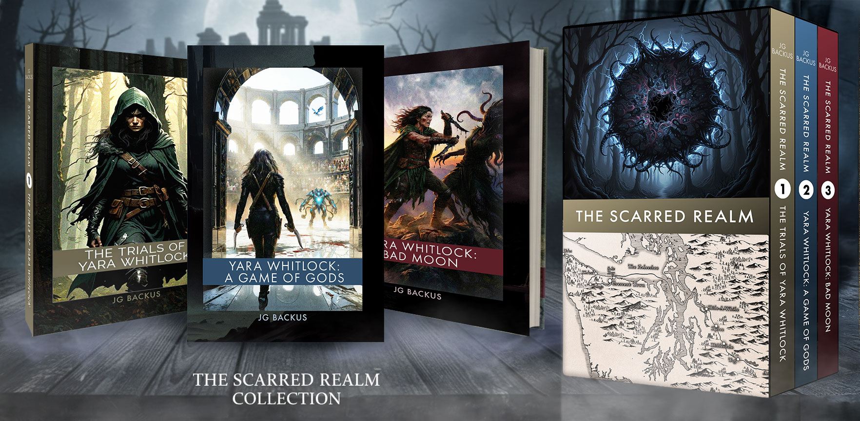 Home | the scarred realm fantasy trilogy covers 2026 | JG Backus Grimdark Military Fantasy Morally Grey Antihero