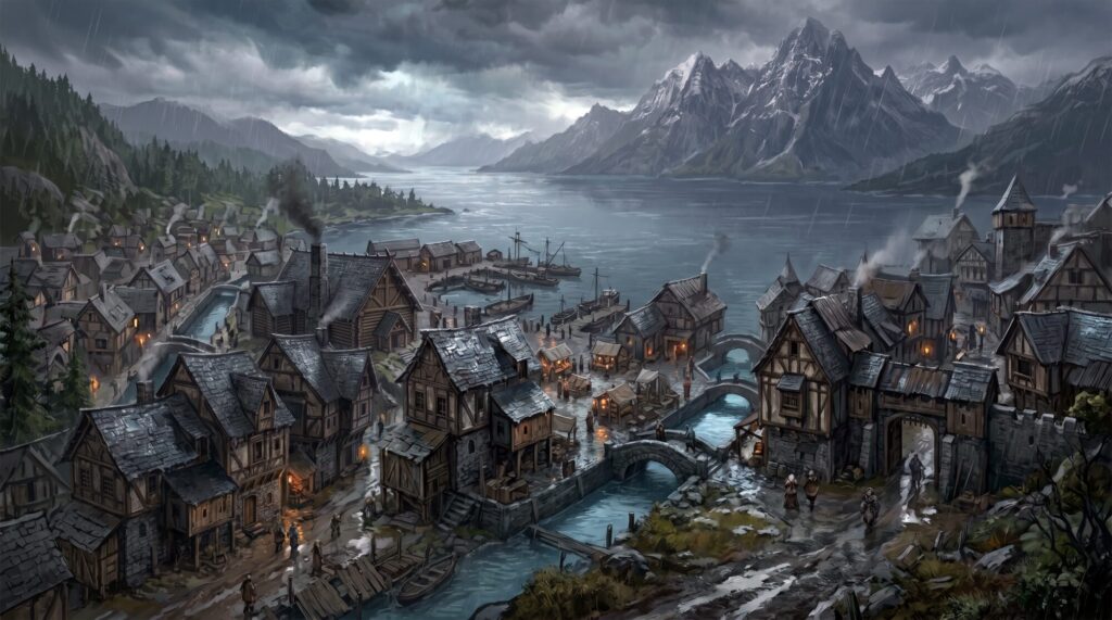 Lore Vault | crescent town canal architecture concept | JG Backus crescent town canal architecture concept - Grimdark Dark Fantasy